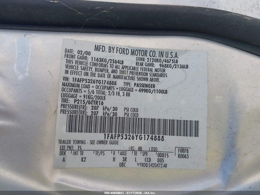 1FAFP5326YG174888 2000 FORD TAURUS photo no. 9