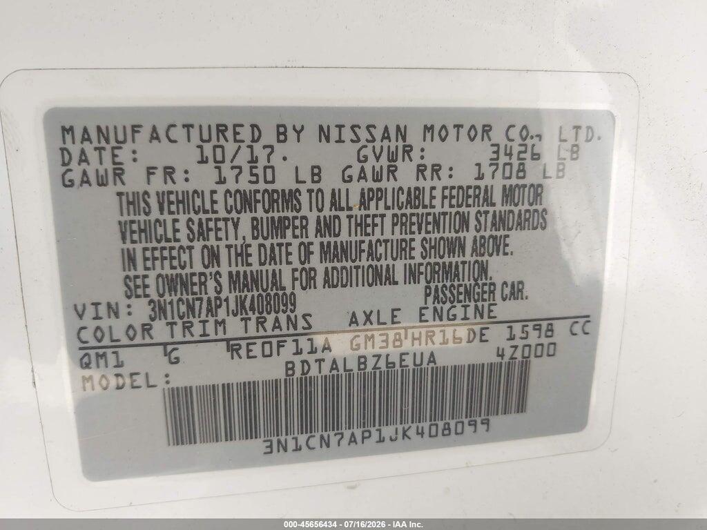 3N1CN7AP1JK408099 2018 NISSAN VERSA photo no. 9