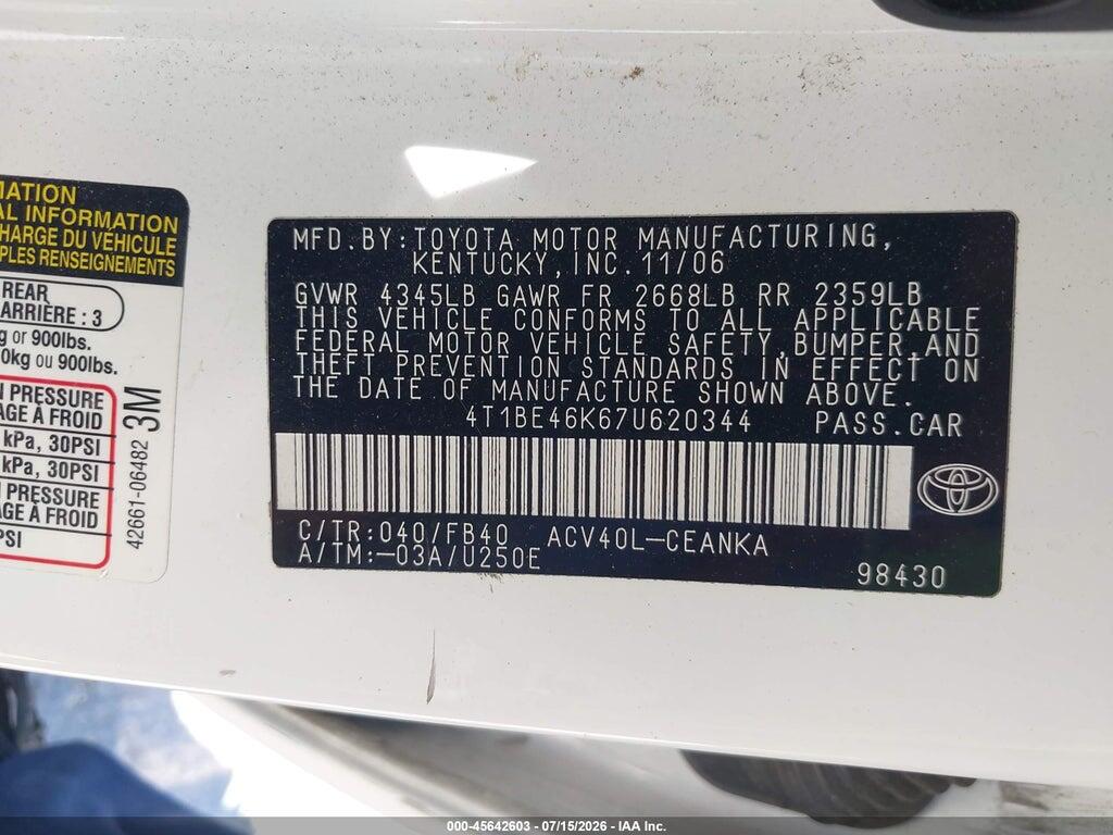 4T1BE46K67U620344 2007 TOYOTA CAMRY photo no. 9