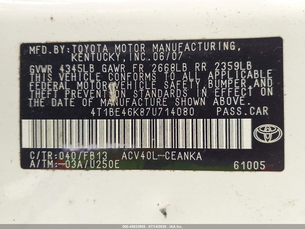 4T1BE46K87U714080 2007 TOYOTA CAMRY photo no. 9