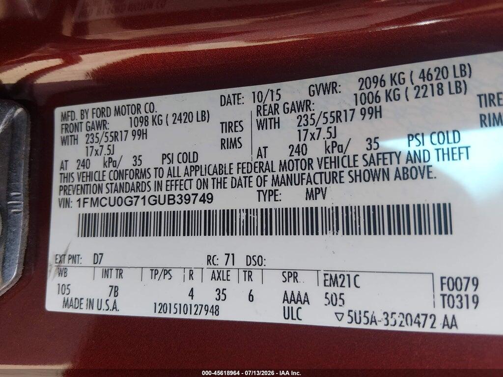 1FMCU0G71GUB39749 2016 FORD ESCAPE photo no. 9