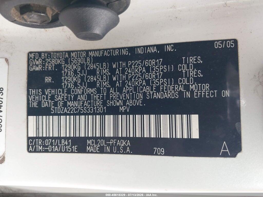 5TDZA22C75S331301 2005 TOYOTA SIENNA photo no. 9
