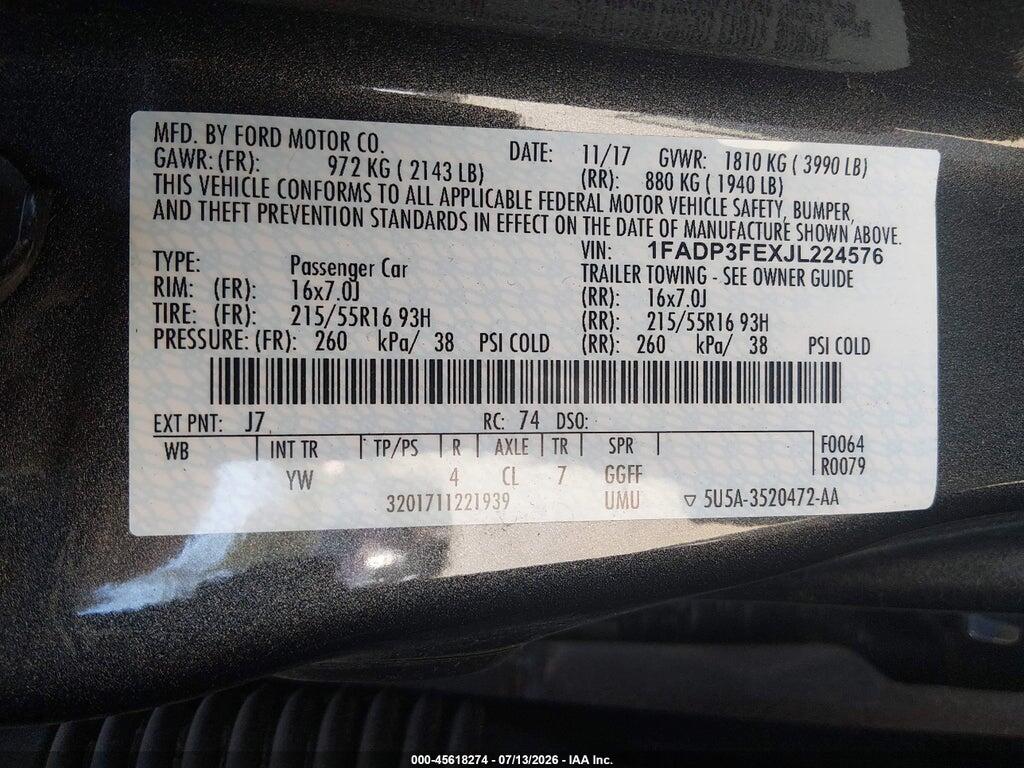 1FADP3FEXJL224576 2018 FORD FOCUS photo no. 9