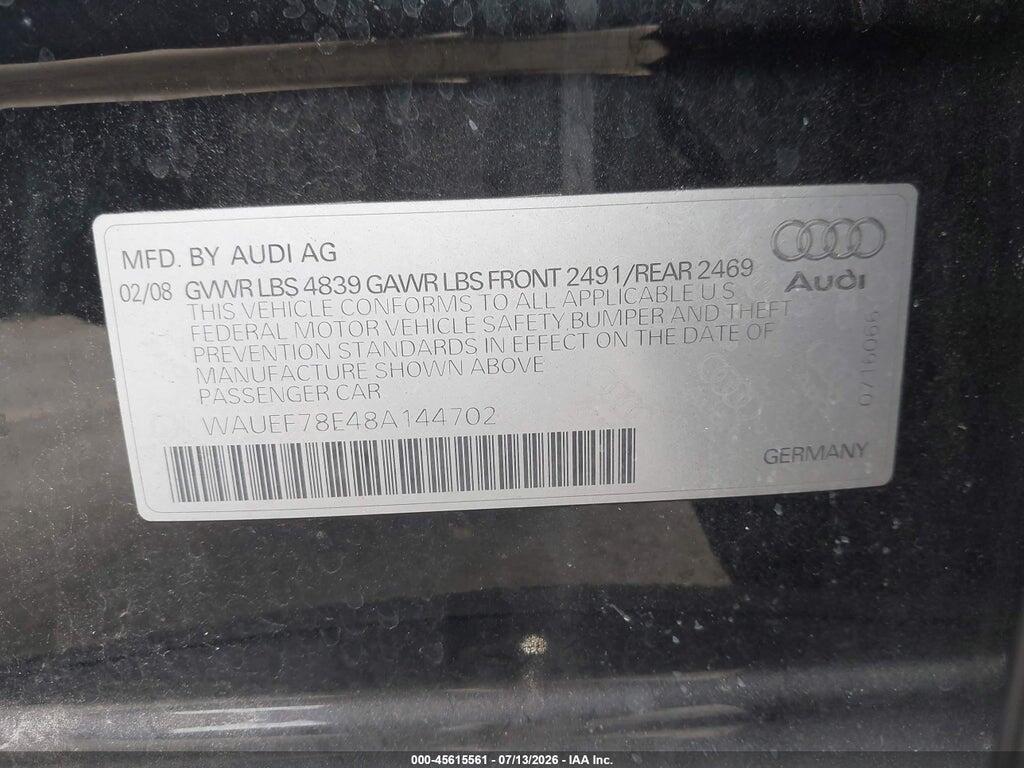 WAUEF78E48A144702 2008 AUDI A4 photo no. 9