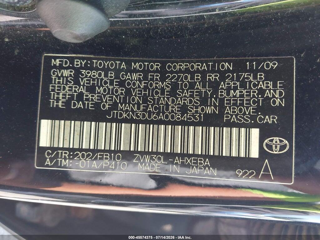 JTDKN3DU6A0084531 2010 TOYOTA PRIUS photo no. 9