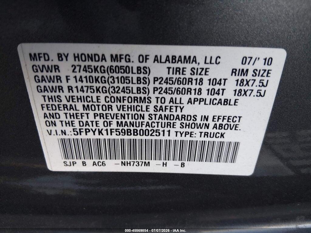 5FPYK1F59BB002511 2011 HONDA RIDGELINE photo no. 9