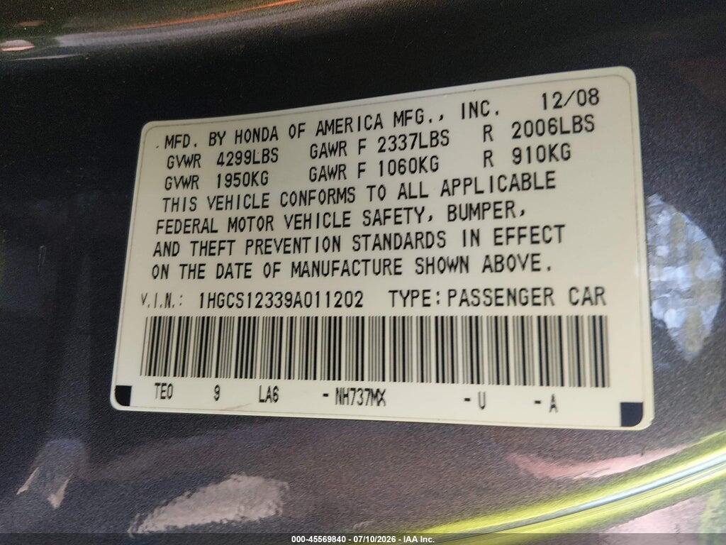 1HGCS12339A011202 2009 HONDA ACCORD photo no. 9