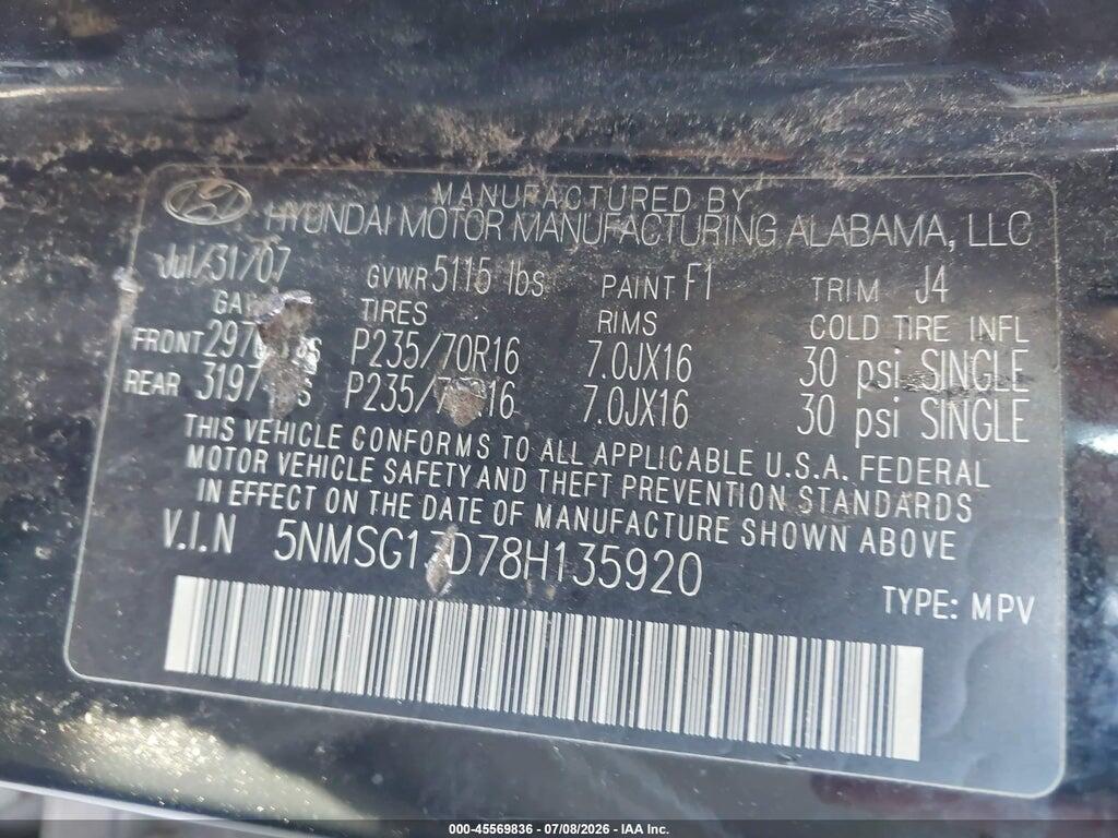 5NMSG13D78H135920 2008 HYUNDAI SANTA FE photo no. 7