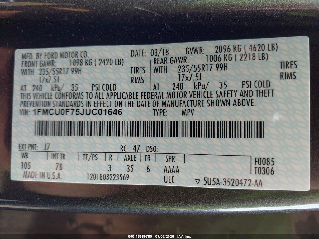 1FMCU0F75JUC01646 2018 FORD ESCAPE photo no. 9