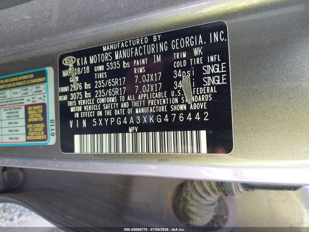 5XYPG4A3XKG476442 2019 KIA SORENTO photo no. 9