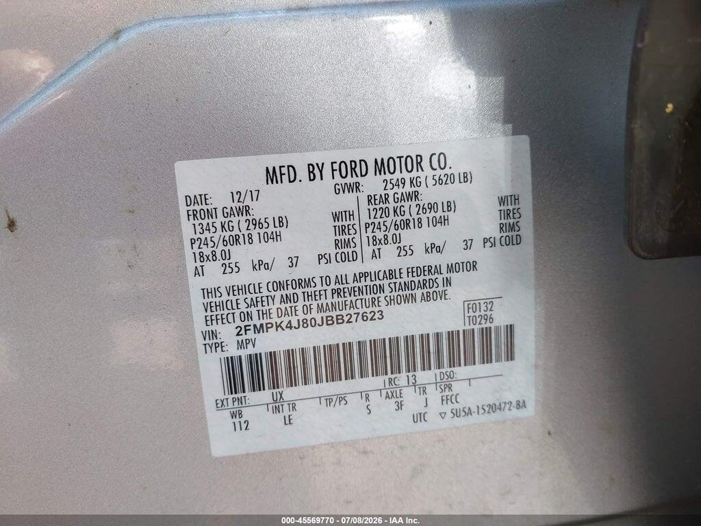 2FMPK4J80JBB27623 2018 FORD EDGE photo no. 9