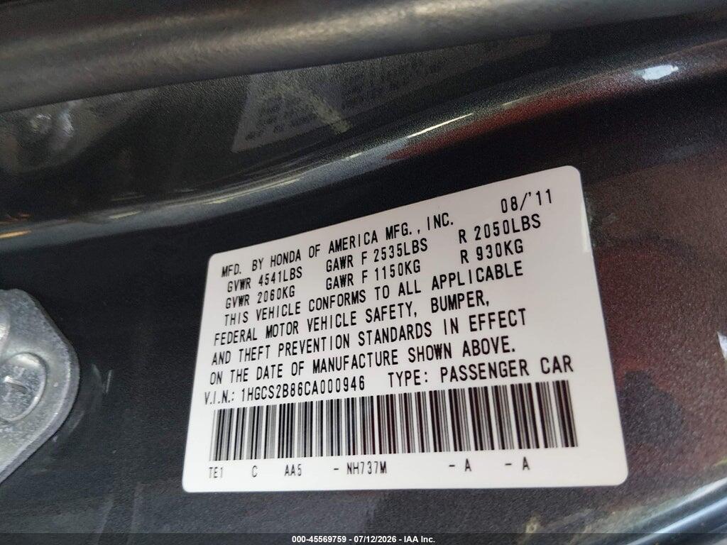 1HGCS2B86CA000946 2012 HONDA ACCORD photo no. 9