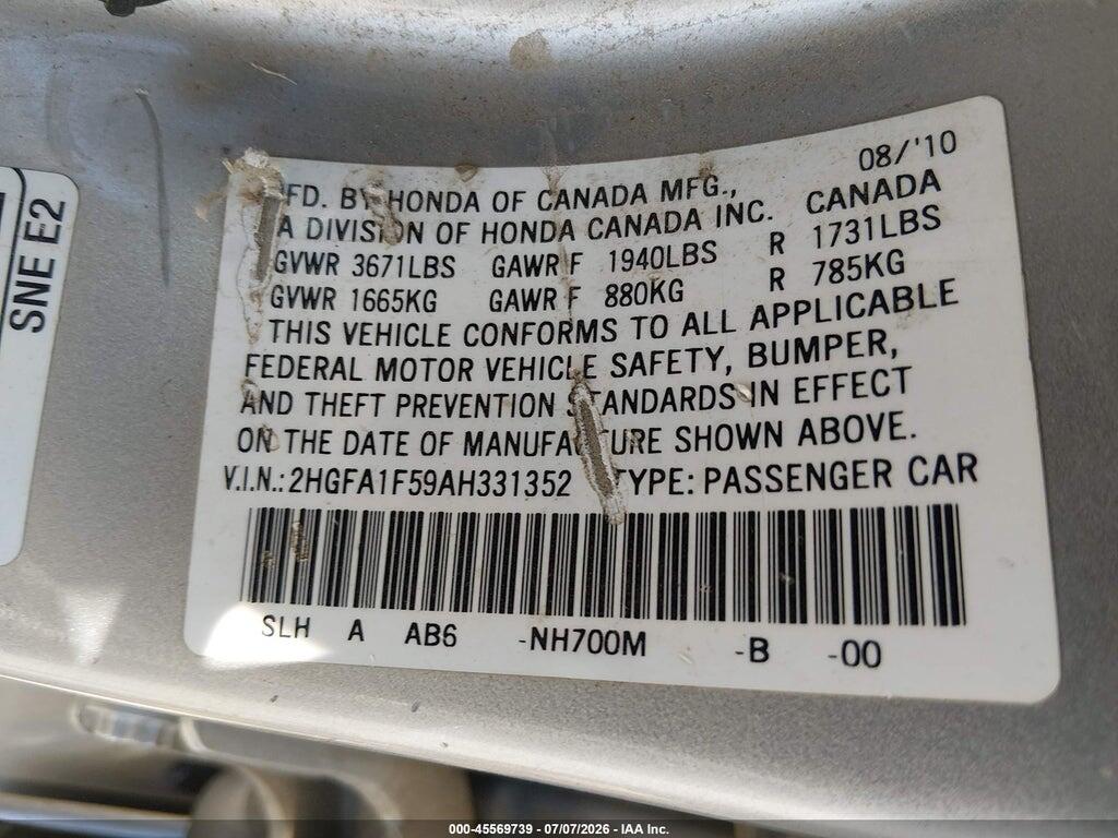 2HGFA1F59AH331352 2010 HONDA CIVIC photo no. 9