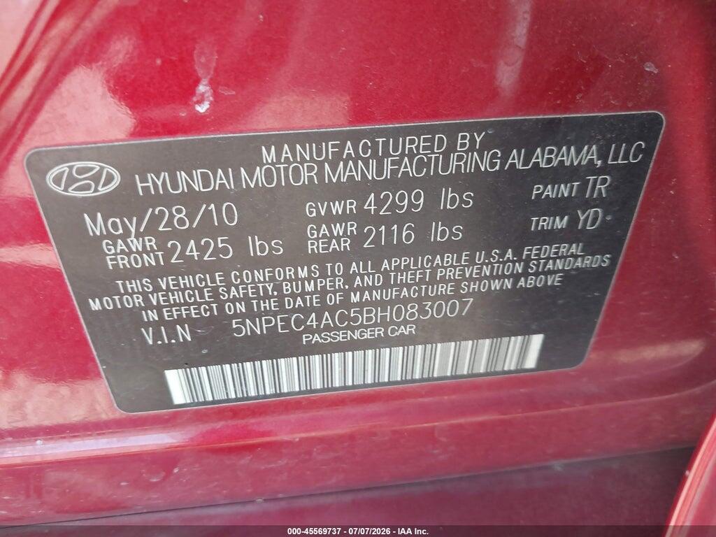 5NPEC4AC5BH083007 2011 HYUNDAI SONATA photo no. 9