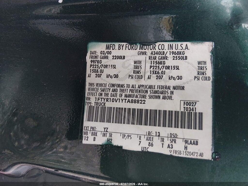 1FTYR10V1YTA88822 2000 FORD RANGER photo no. 9