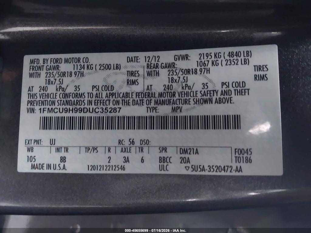 1FMCU9H99DUC35287 2013 FORD ESCAPE photo no. 9