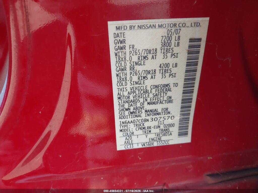 1N6AA07C08N307570 2008 NISSAN TITAN photo no. 9
