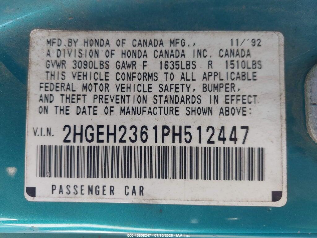 2HGEH2361PH512447 1993 HONDA CIVIC photo no. 9