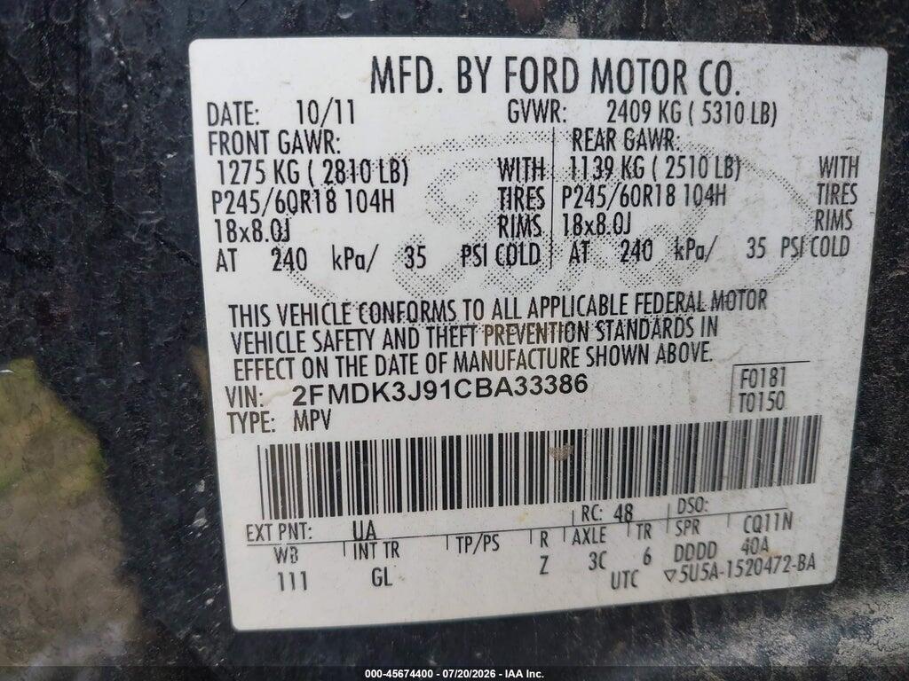 2FMDK3J91CBA33386 2012 FORD EDGE photo no. 9