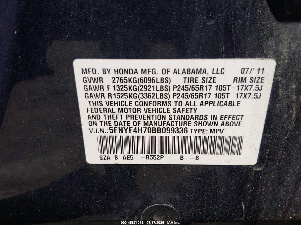 5FNYF4H70BB099336 2011 HONDA PILOT photo no. 9