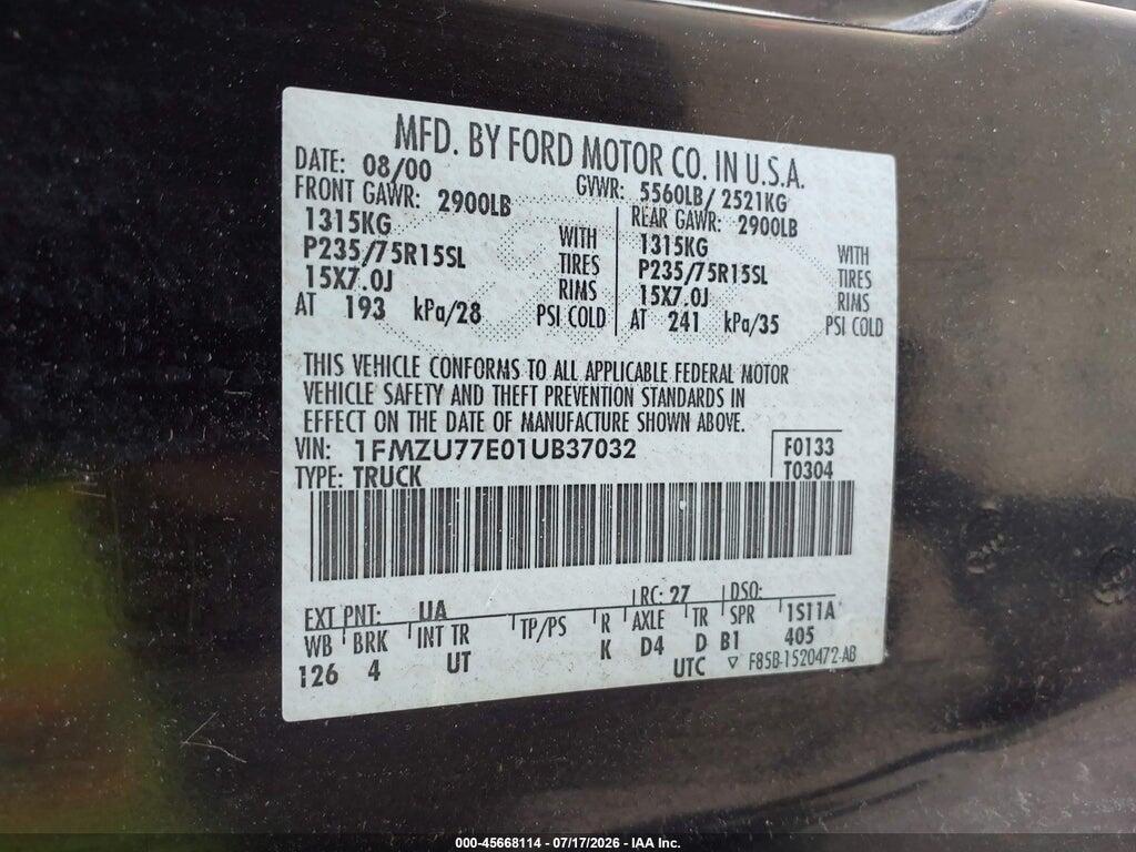 1FMZU77E01UB37032 2001 FORD EXPLORER SPORT TRAC photo no. 9