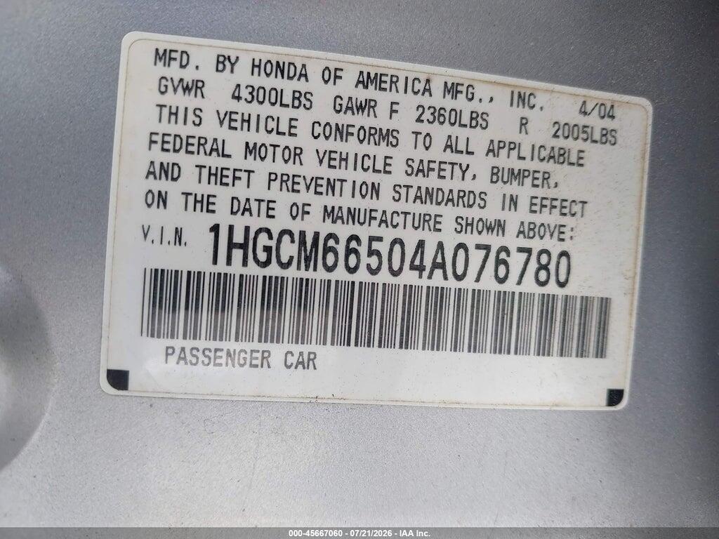 1HGCM66504A076780 2004 HONDA ACCORD photo no. 9