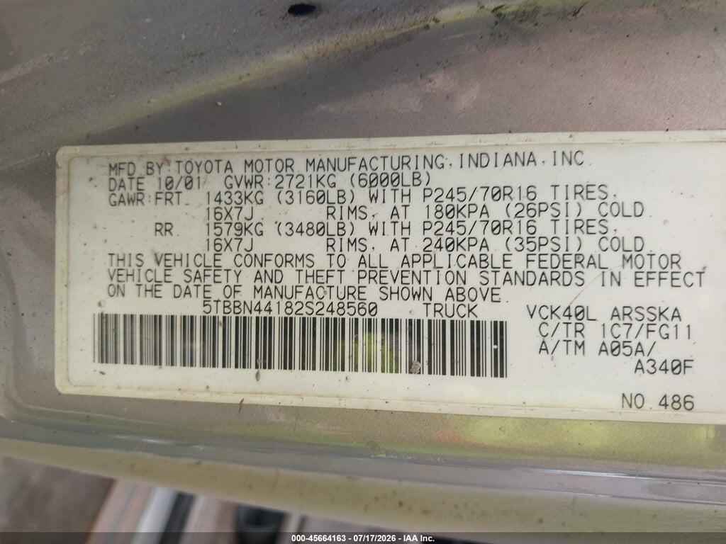 5TBBN44182S248560 2002 TOYOTA TUNDRA photo no. 9