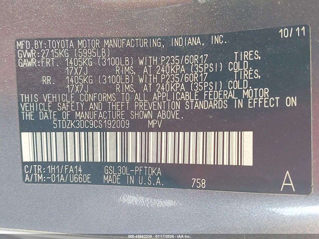 5TDZK3DC9CS192009 2012 TOYOTA SIENNA photo no. 9