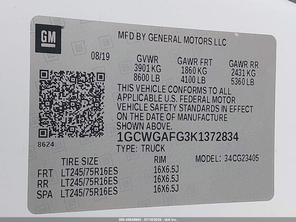 1GCWGAFG3K1372834 2019 CHEVROLET EXPRESS 2500 photo no. 9