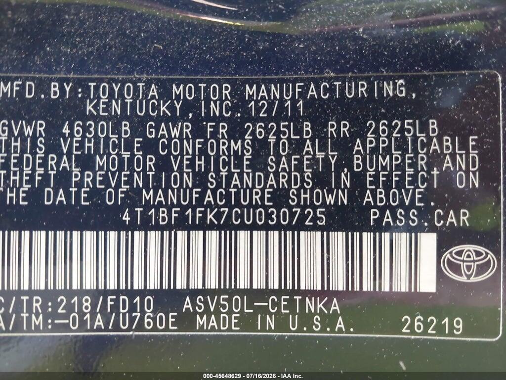 4T1BF1FK7CU030725 2012 TOYOTA CAMRY photo no. 9