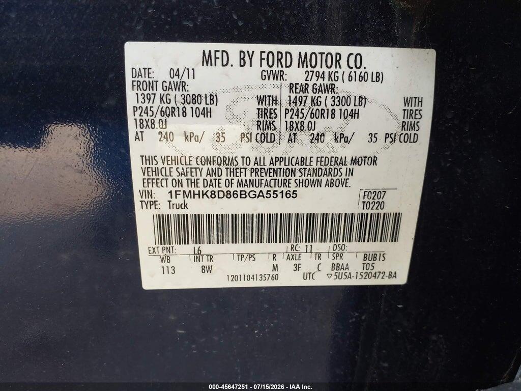 1FMHK8D86BGA55165 2011 FORD EXPLORER photo no. 9