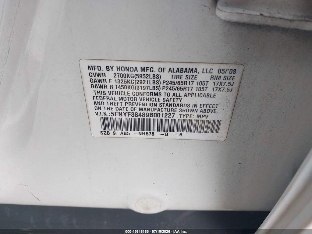 5FNYF38489B001227 2009 HONDA PILOT photo no. 9