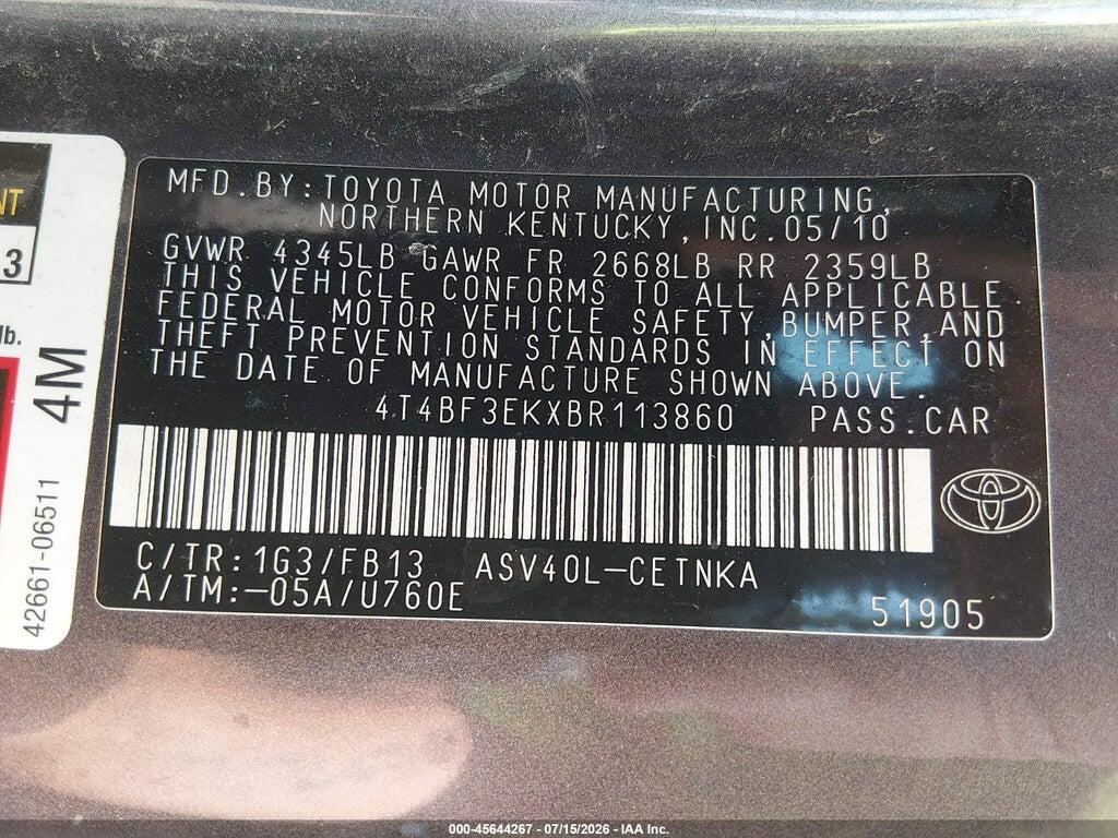 4T4BF3EKXBR113860 2011 TOYOTA CAMRY photo no. 9