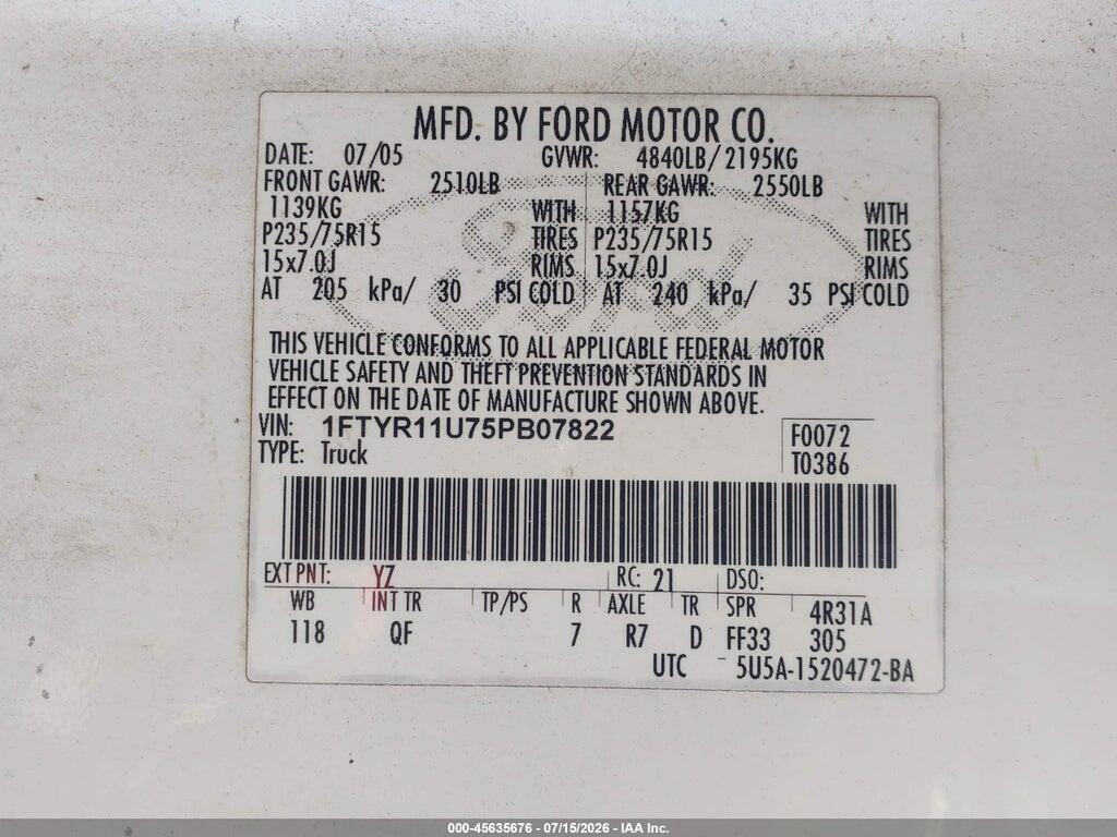 1FTYR11U75PB07822 2005 FORD RANGER photo no. 9