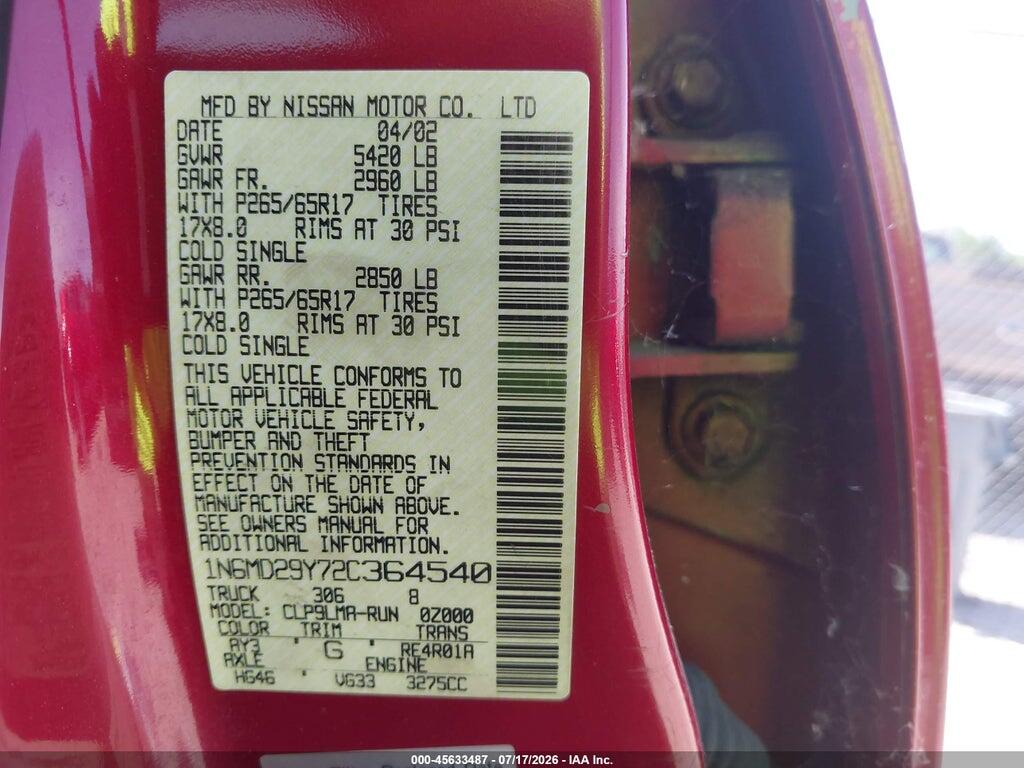 1N6MD29Y72C364540 2002 NISSAN FRONTIER photo no. 9