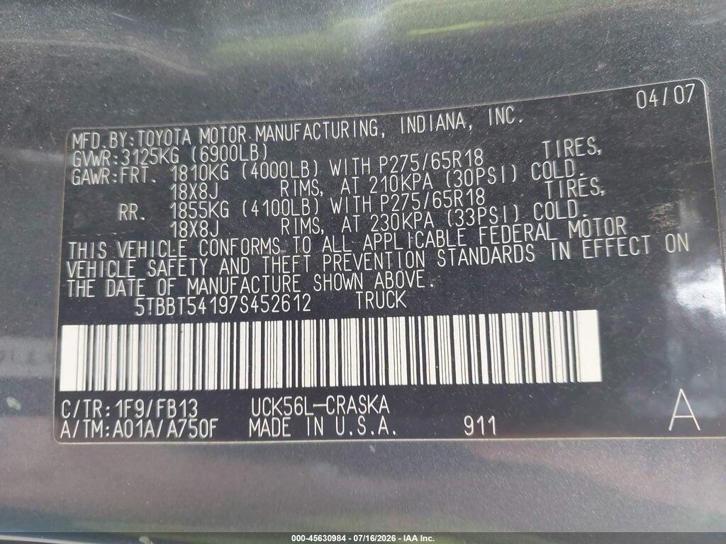 5TBBT54197S452612 2007 TOYOTA TUNDRA photo no. 9