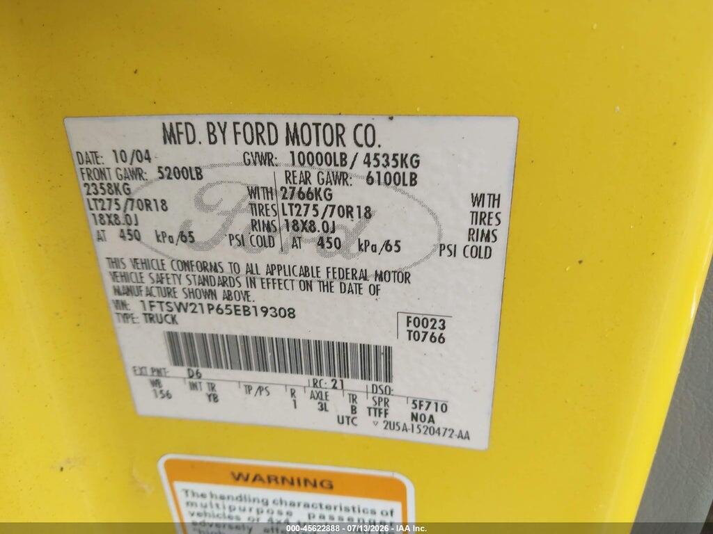 1FTSW21P65EB19308 2005 FORD F-250 photo no. 9