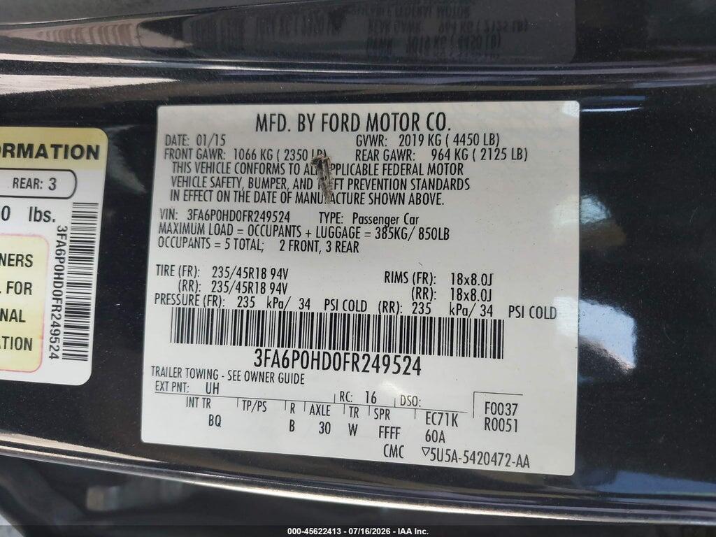 3FA6P0HD0FR249524 2015 FORD FUSION photo no. 9