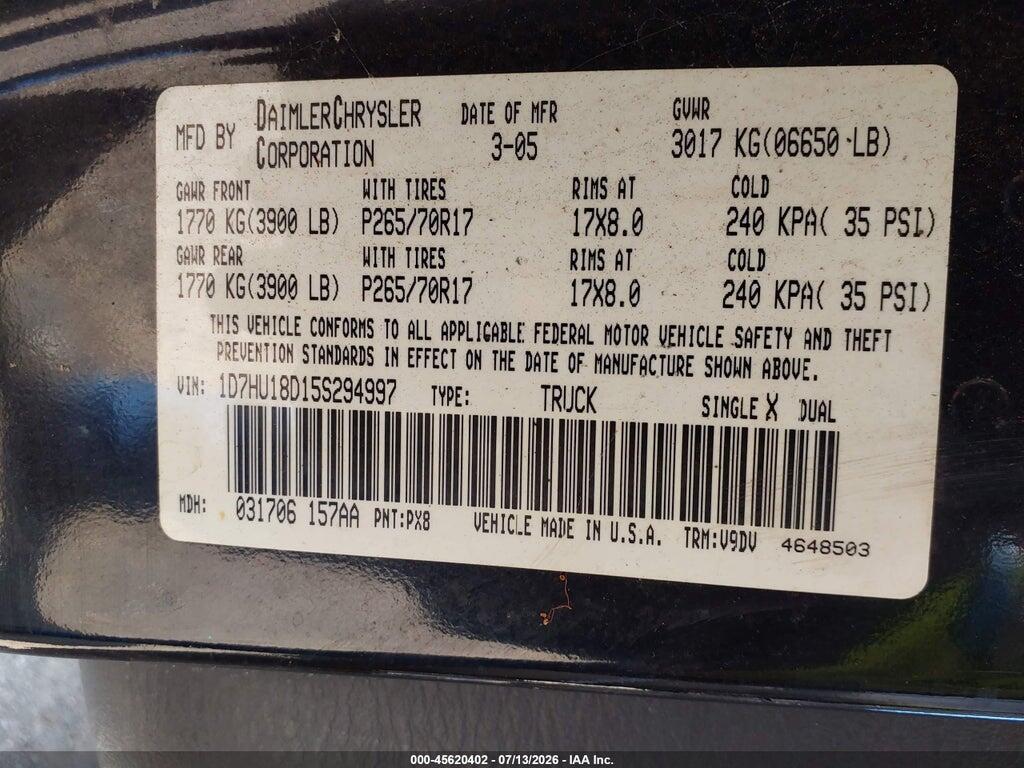 1D7HU18D15S294997 2005 DODGE RAM 1500 photo no. 9