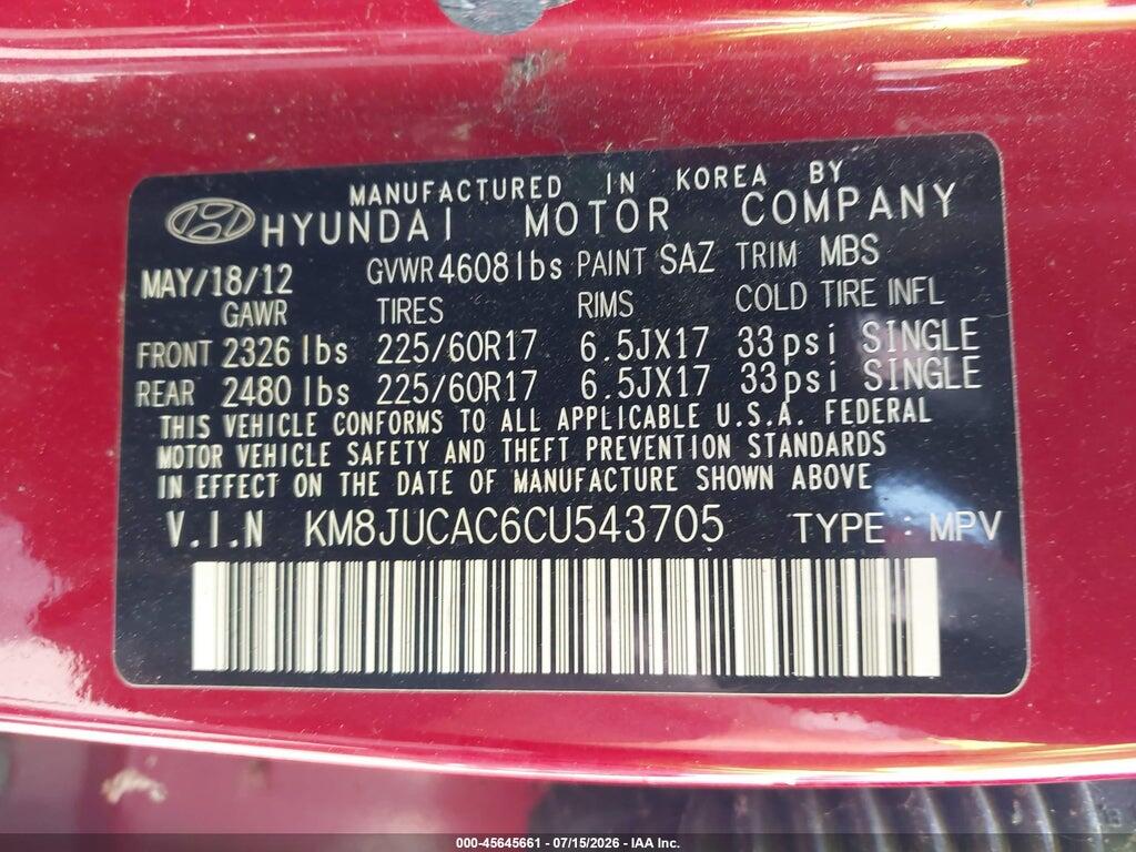 KM8JUCAC6CU543705 2012 HYUNDAI TUCSON photo no. 9