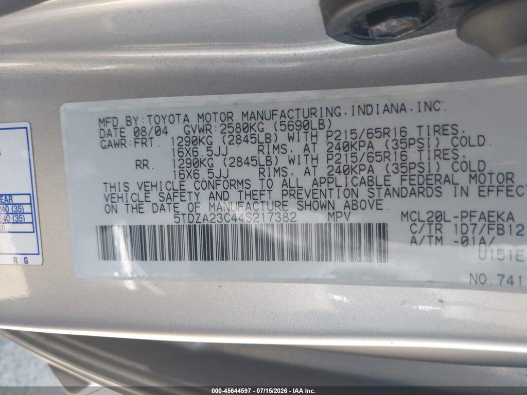 5TDZA23C44S217382 2004 TOYOTA SIENNA photo no. 9