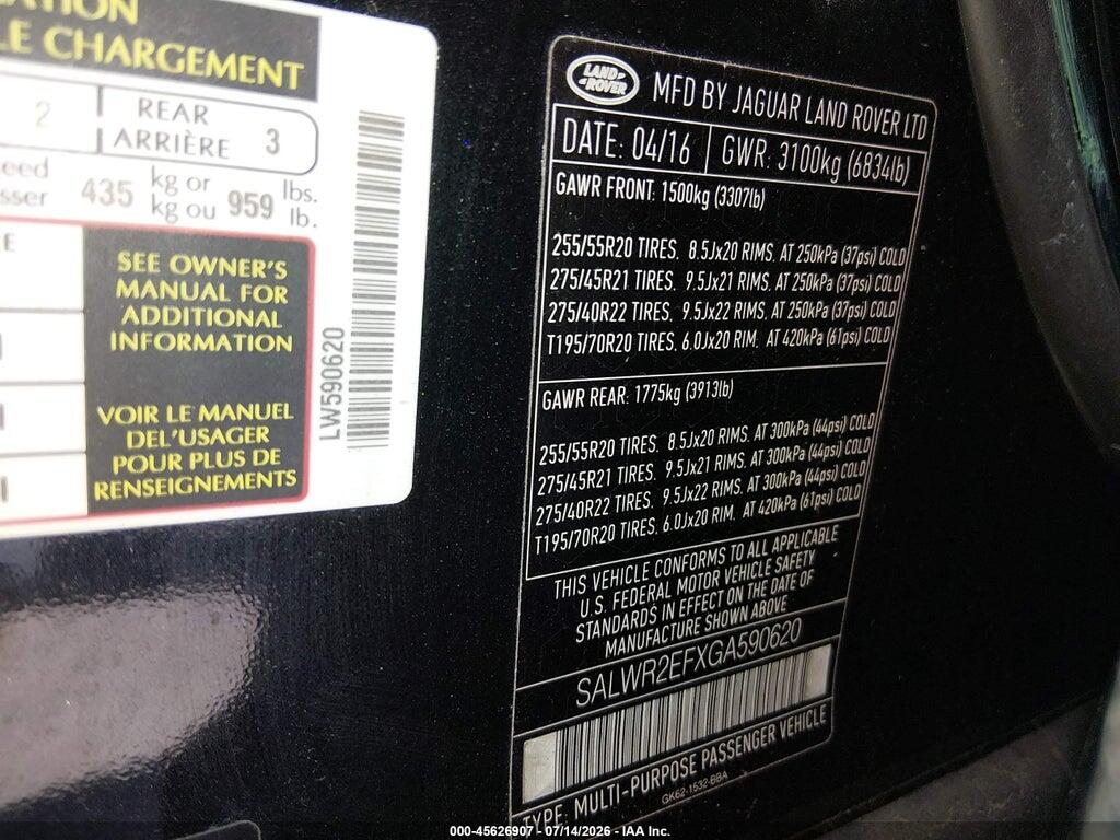 SALWR2EFXGA590620 2016 LAND ROVER RANGE ROVER SPORT photo no. 9