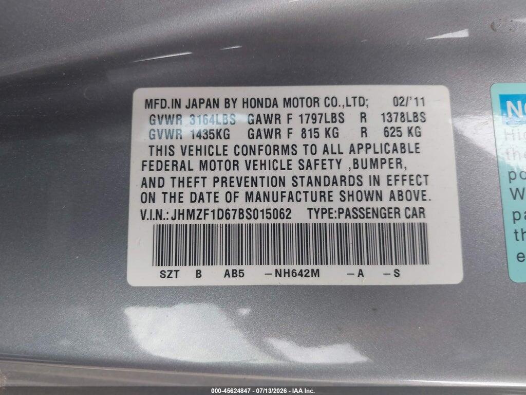 JHMZF1D67BS015062 2011 HONDA CR-Z photo no. 9