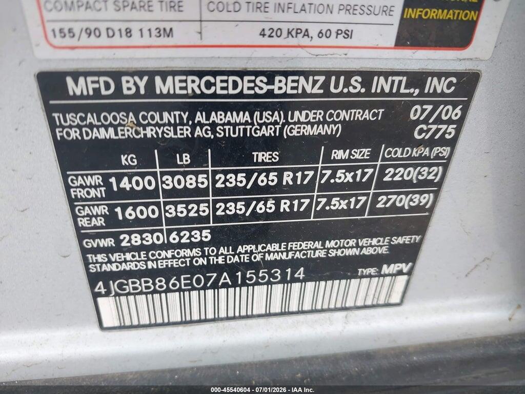4JGBB86E07A155314 2007 MERCEDES-BENZ ML 350 photo no. 9
