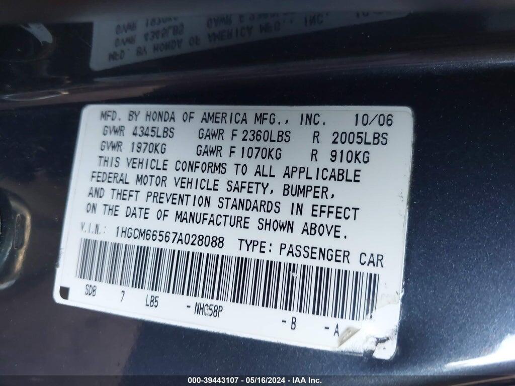 1HGCM66567A028088 2007 HONDA ACCORD photo no. 9