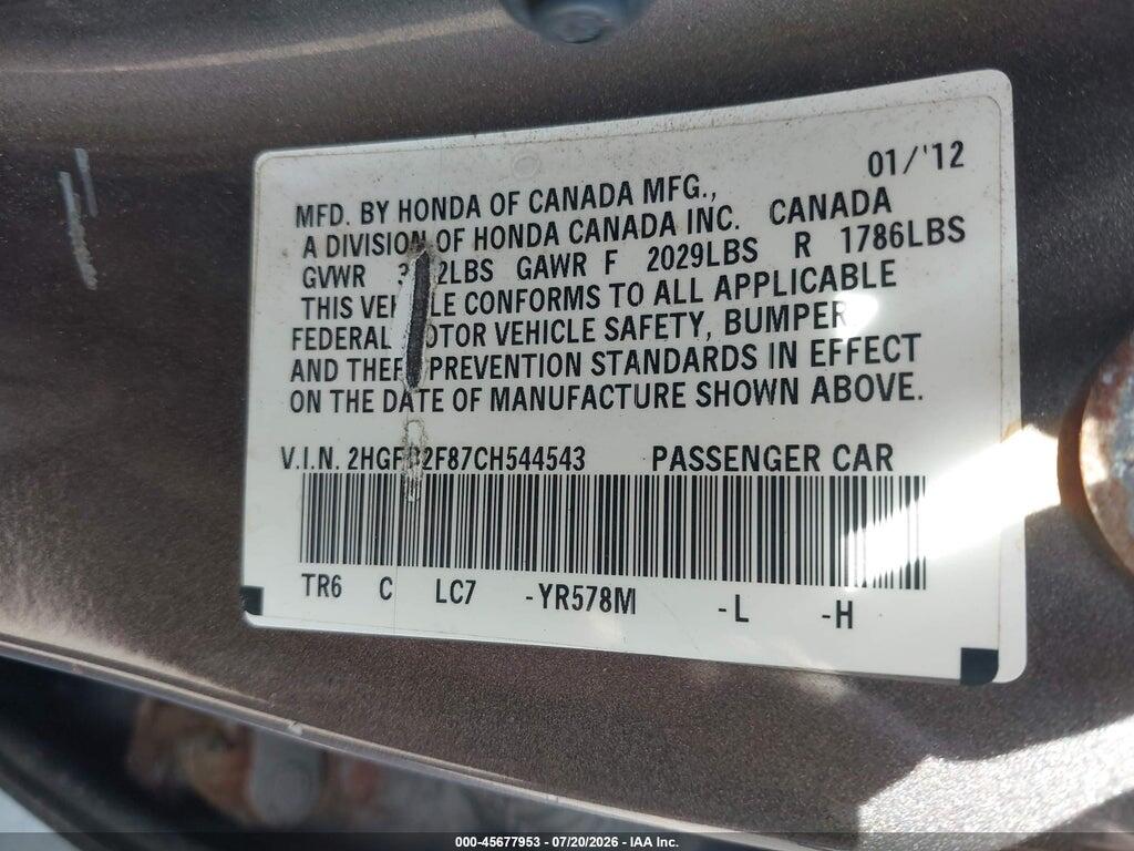 2HGFB2F87CH544543 2012 HONDA CIVIC photo no. 9