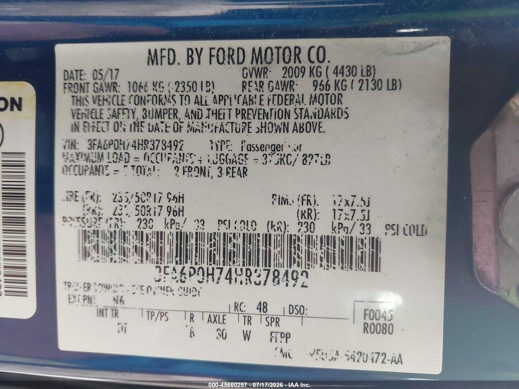 3FA6P0H74HR378492 2017 FORD FUSION photo no. 9