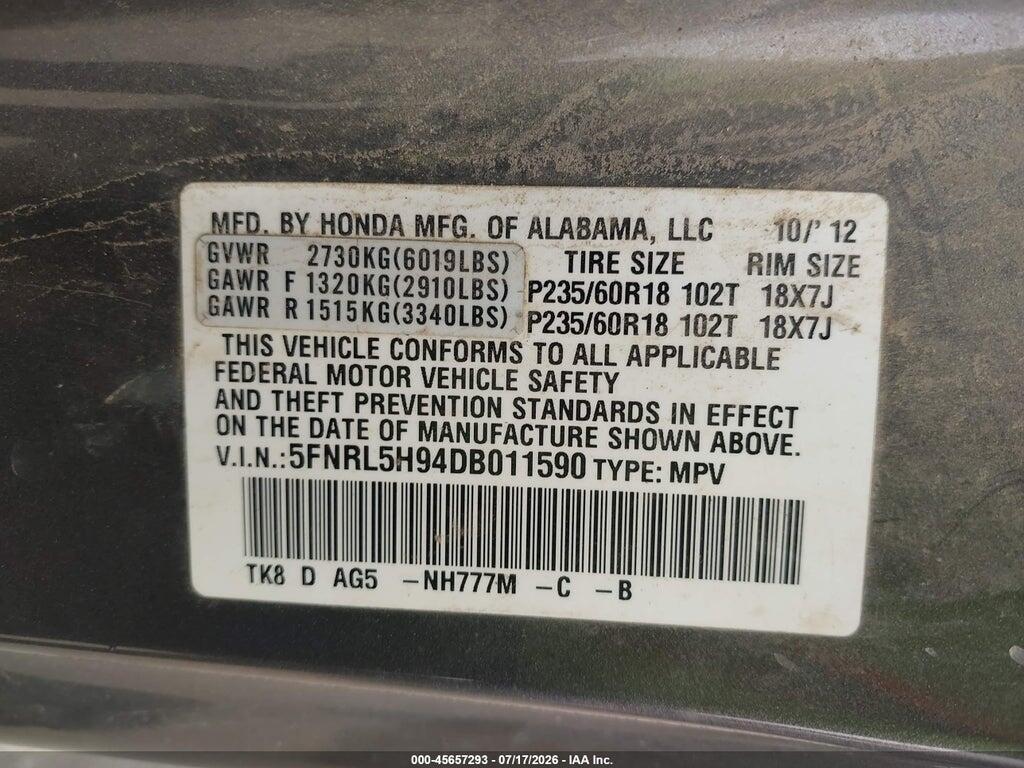 5FNRL5H94DB011590 2013 HONDA ODYSSEY photo no. 9