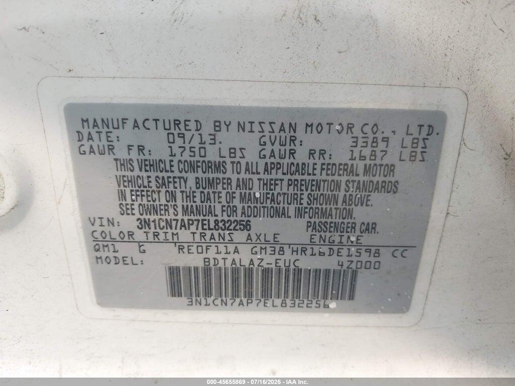 3N1CN7AP7EL832256 2014 NISSAN VERSA photo no. 9