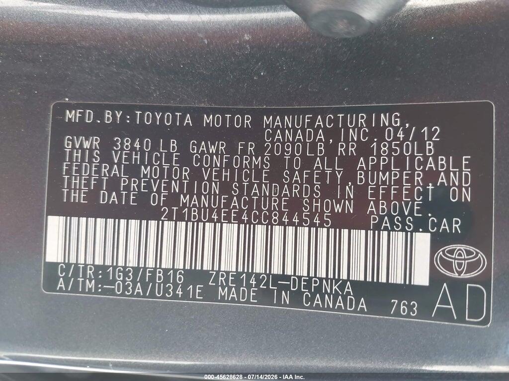 2T1BU4EE4CC844545 2012 TOYOTA COROLLA photo no. 9